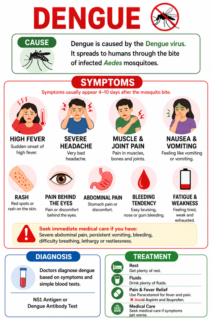 Dengue infographic showing its cause, major symptoms including high fever, headache, muscle and joint pain, nausea, rash, abdominal pain and bleeding, along with diagnosis and treatment.