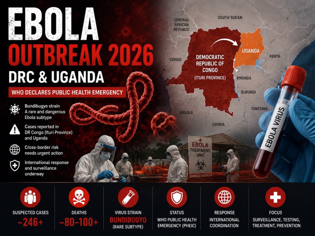 Landscape featured image about the 2026 Ebola outbreak in the Democratic Republic of Congo and Uganda showing the Bundibugyo Ebola strain, outbreak map, WHO public health emergency declaration, suspected cases, deaths, medical response teams, and cross-border surveillance efforts.