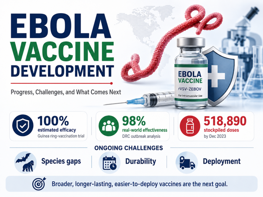 Featured image about Ebola vaccine development showing an Ebola vaccine vial, virus illustration, syringe, laboratory setting, and key data including 100% estimated efficacy in the Guinea ring-vaccination trial, 98% real-world effectiveness in DRC outbreak analysis, 518,890 stockpiled doses, and ongoing challenges such as species gaps, durability, and vaccine deployment.
