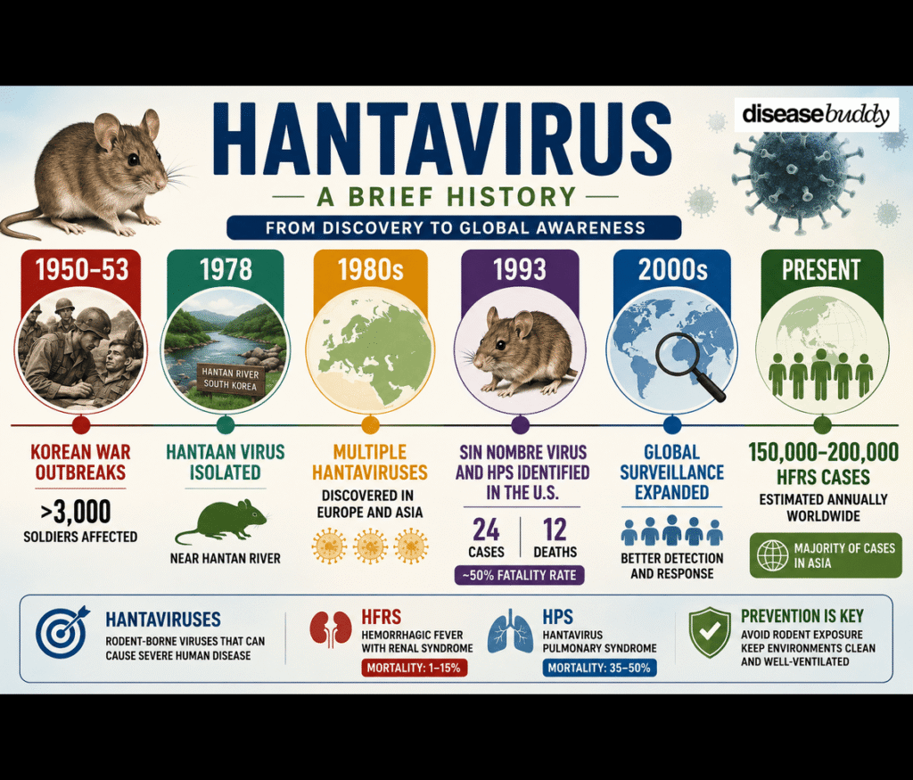 A landscape infographic titled “Hantavirus: A Brief History — From Discovery to Global Awareness.” The timeline includes key milestones: Korean War outbreaks (1950–53) affecting over 3,000 soldiers, Hantaan virus isolation in 1978, discovery of multiple hantaviruses in the 1980s, identification of Sin Nombre virus and HPS in the U.S. in 1993 with 24 cases and 12 deaths, expansion of global surveillance in the 2000s, and current estimates of 150,000–200,000 HFRS cases annually worldwide. The infographic uses large text, colorful panels, rodent illustrations, maps, and disease icons.