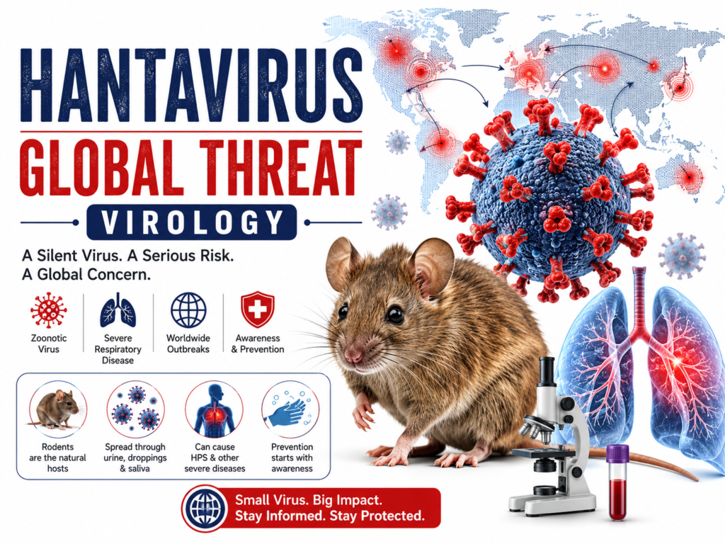 Landscape infographic-style featured image about Hantavirus global threat and virology showing rodent transmission, hantavirus particles, global outbreak map, severe respiratory disease risk, zoonotic virus spread, and public health prevention measures on a clean white background.