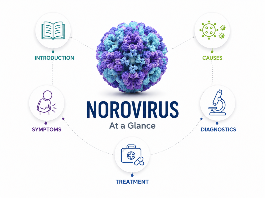 Medical infographic showing a 3D norovirus particle with icons representing introduction, causes, symptoms, diagnostics, and treatment on a clean white background.