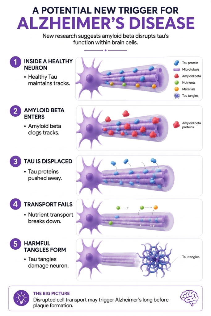 A 5-step medical infographic on a white background titled 'A Potential New Trigger for Alzheimer’s Disease'. Step 1 shows a healthy neuron where Tau proteins stabilize transport tracks. Step 2 shows amyloid beta entering and clogging the tracks. Step 3 shows Tau proteins being displaced and pushed away. Step 4 illustrates the breakdown and failure of nutrient transport. Step 5 shows the displaced Tau proteins clumping together into harmful tau tangles. A 'Big Picture' summary box sits at the bottom.
