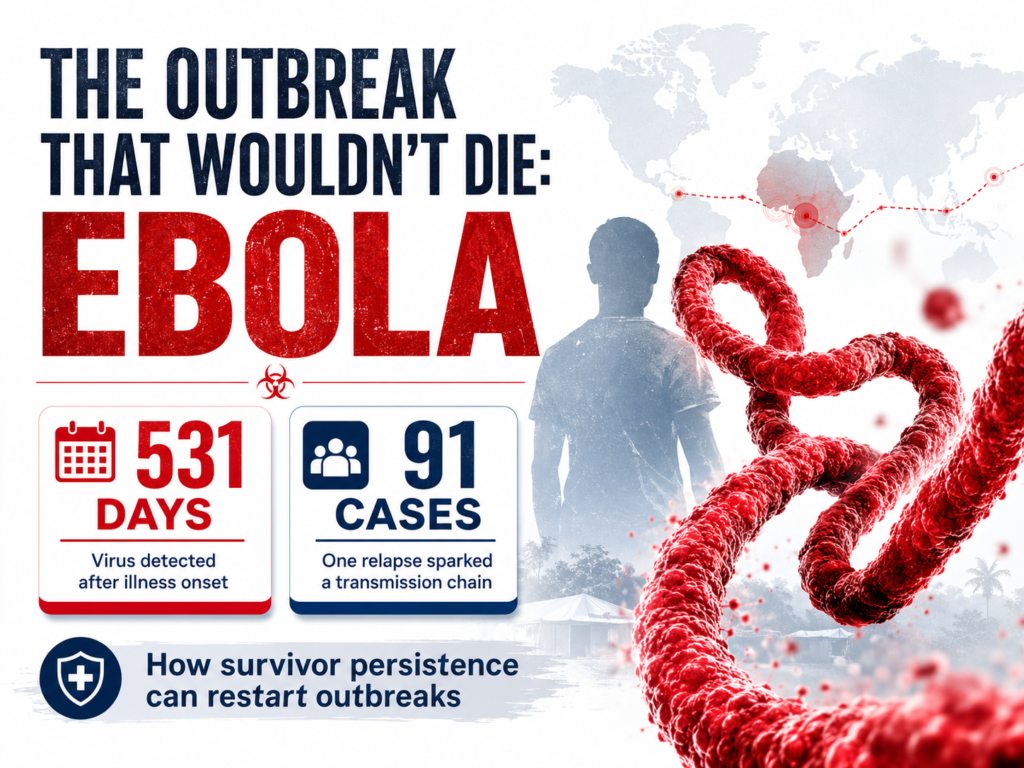 Featured image titled The Outbreak That Wouldn’t Die: Ebola, showing an Ebola virus graphic, survivor silhouette, world map, and statistics on 531 days of virus detection and 91 relapse-linked cases.