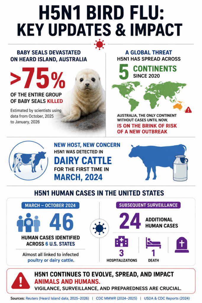 Infographic showing key H5N1 bird flu statistics, including over 75% mortality among baby seals on Heard Island, spread across multiple continents since 2020, first detection in dairy cattle in March 2024, 46 human cases across six U.S. states, and 24 additional cases resulting in three hospitalizations and one death.