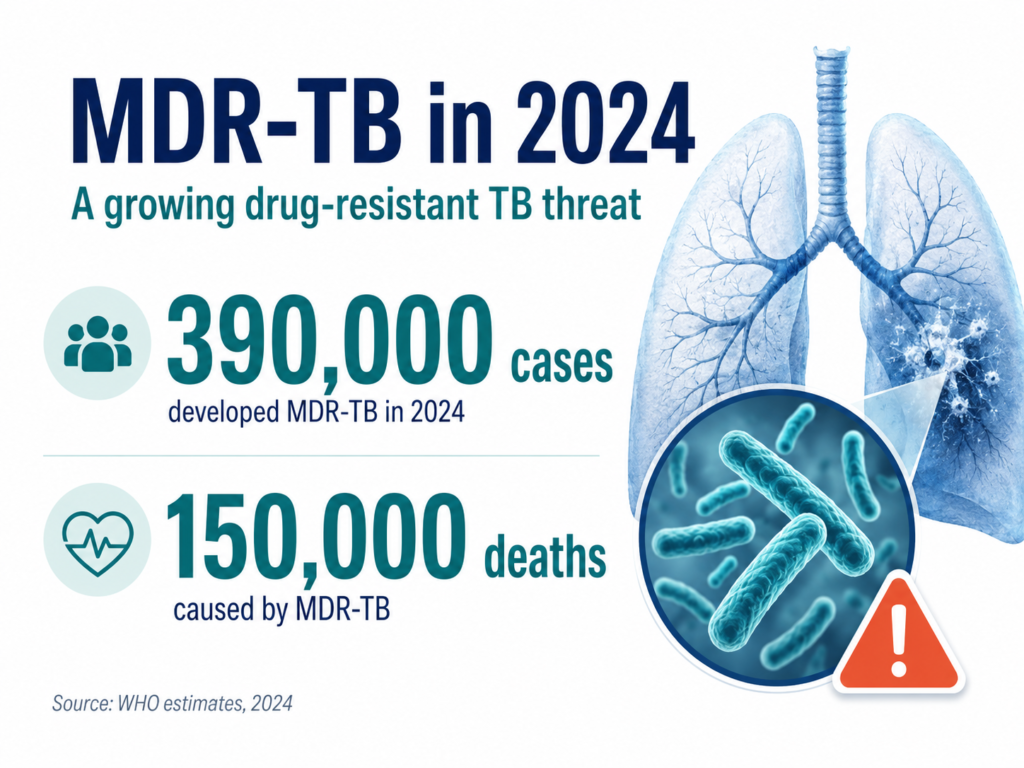 Featured image showing MDR-TB in 2024 with lungs, tuberculosis bacteria and key WHO estimates: 390,000 people developed multidrug-resistant TB and 150,000 deaths were caused by MDR-TB.