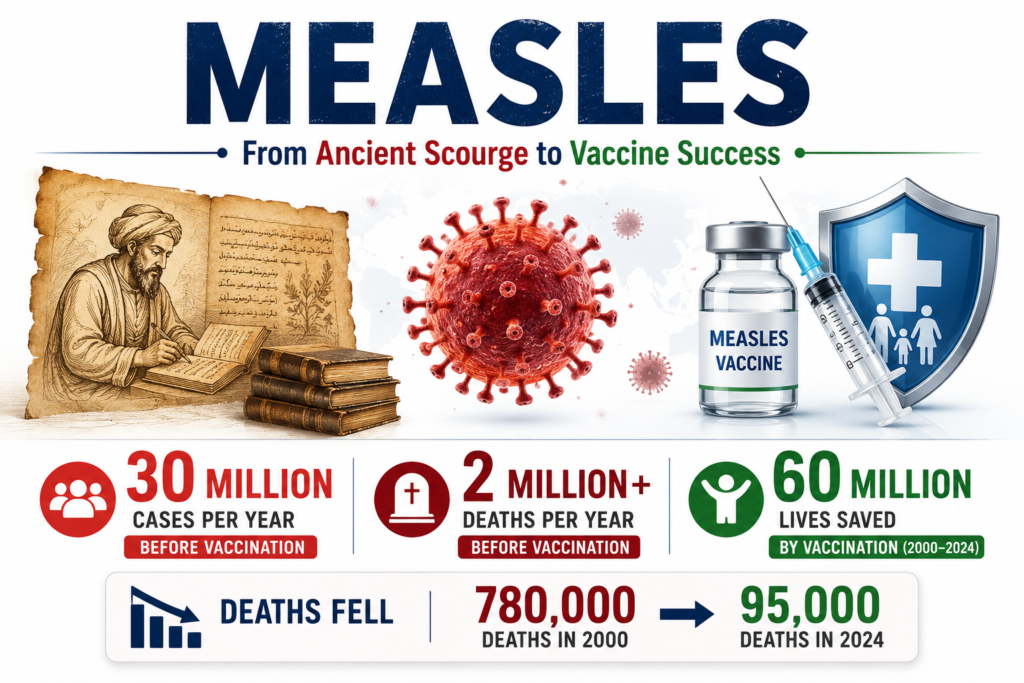 Featured image showing the history of measles from ancient times to vaccine development, including a measles virus illustration, vaccine vial and syringe, and key statistics: 30 million annual cases and 2 million deaths before vaccination, 60 million lives saved through vaccination, and a decline in deaths from 780,000 in 2000 to 95,000 in 2024.