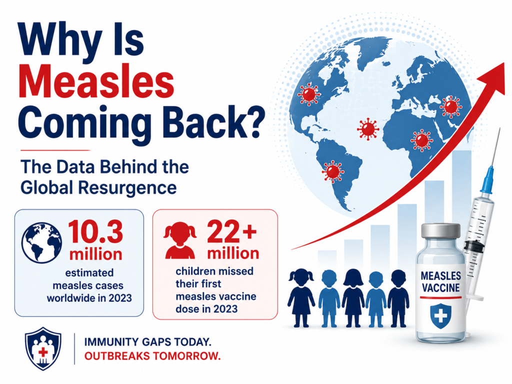 Featured image showing global measles resurgence with a world map, vaccine vial, rising outbreak arrow, and key data showing 10.3 million measles cases worldwide and 22 million children missing their first vaccine dose in 2023.