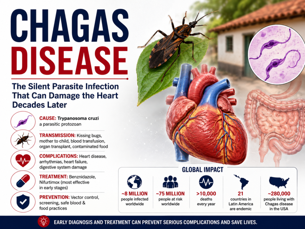 Featured image of Chagas disease showing the Trypanosoma cruzi parasite, kissing bug vector, heart complications, transmission routes, treatment, prevention, and global impact.