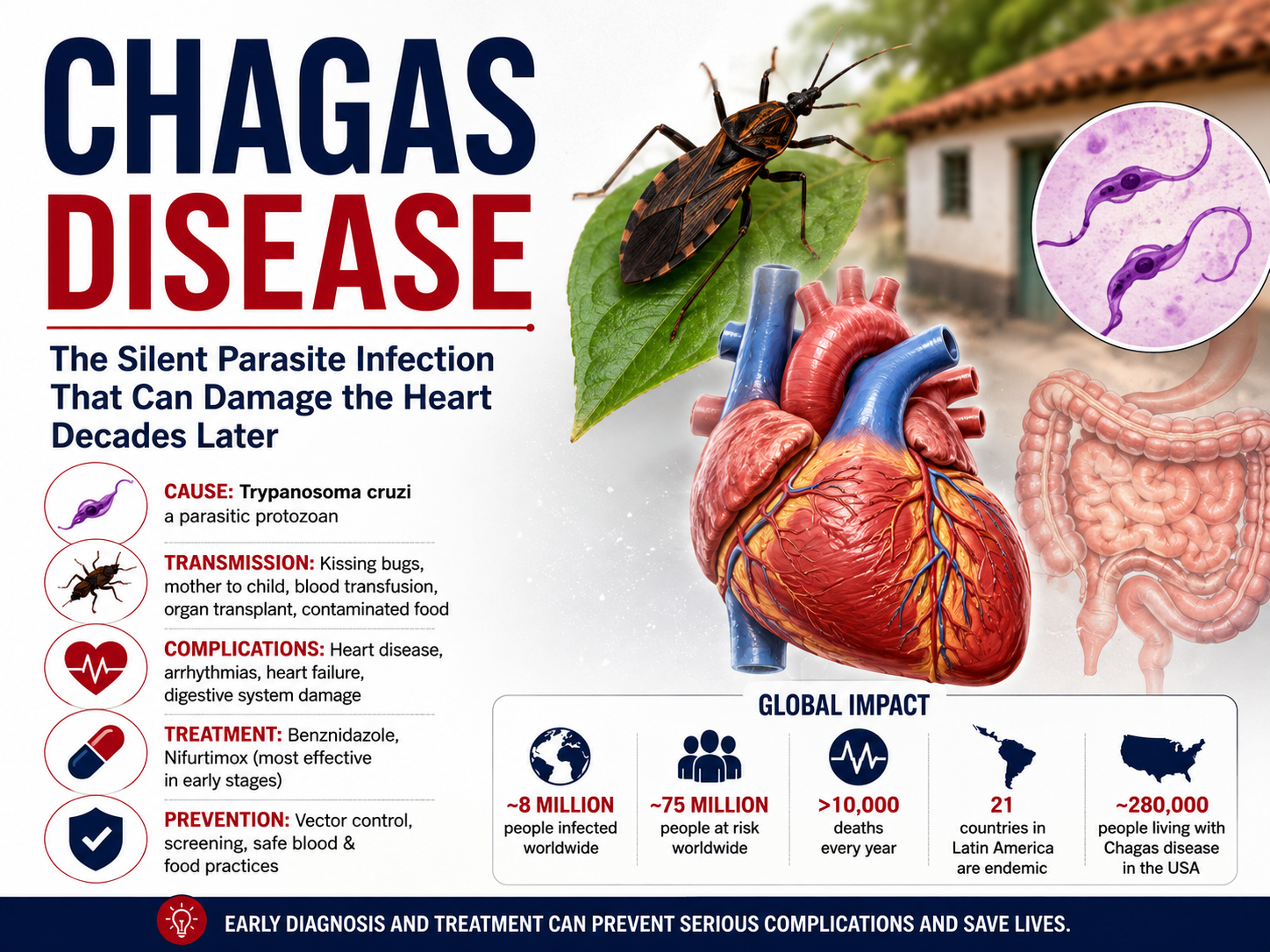 Featured image of Chagas disease showing the Trypanosoma cruzi parasite, kissing bug vector, heart complications, transmission routes, treatment, prevention, and global impact.