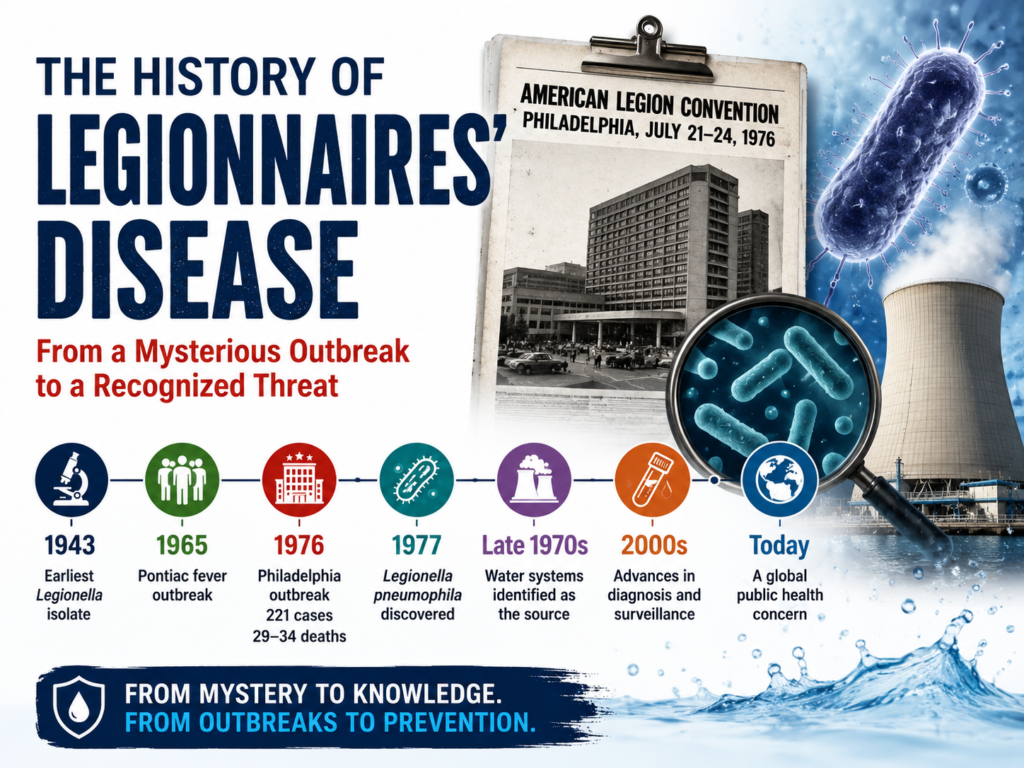 Featured image showing the history of Legionnaires' disease with the 1976 Philadelphia American Legion outbreak, Legionella pneumophila bacteria, cooling tower, hospital building, and a timeline of major milestones from 1943 to the present.