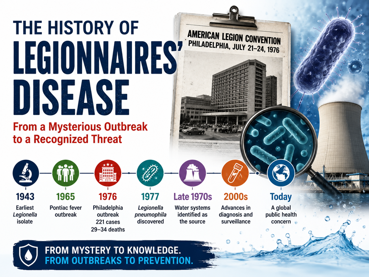 Featured image showing the history of Legionnaires' disease with the 1976 Philadelphia American Legion outbreak, Legionella pneumophila bacteria, cooling tower, hospital building, and a timeline of major milestones from 1943 to the present.