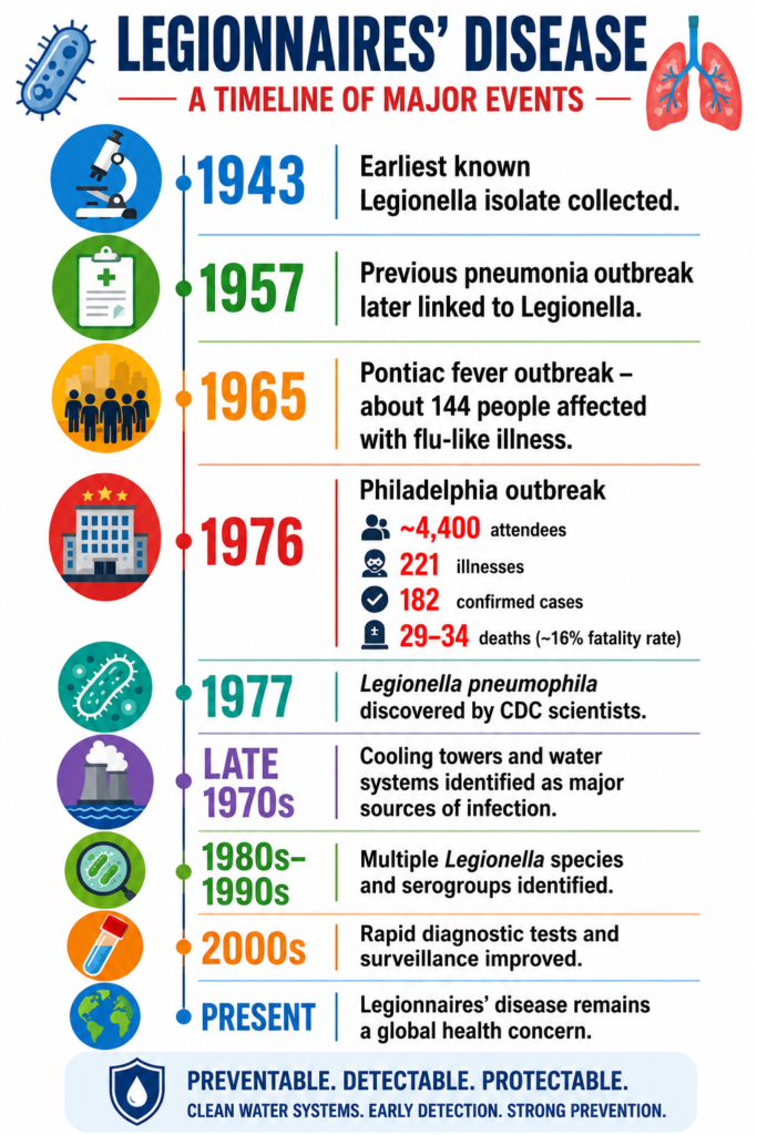 Infographic showing the history of Legionnaires' disease in a vertical timeline, highlighting the earliest Legionella isolate in 1943, the 1965 Pontiac fever outbreak, the 1976 Philadelphia Legionnaires' disease outbreak, discovery of Legionella pneumophila in 1977, identification of contaminated water systems as the source, diagnostic advances in the 2000s, and its continued global public health significance.