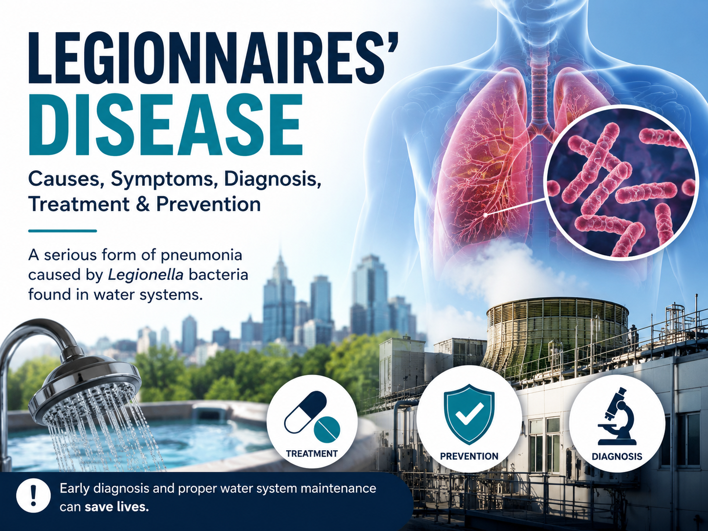 Featured image of Legionnaires' disease showing infected human lungs, Legionella bacteria, cooling towers, shower water, and medical icons representing diagnosis, treatment, and prevention. The image illustrates the bacterial cause of Legionnaires' disease and its association with contaminated building water systems.