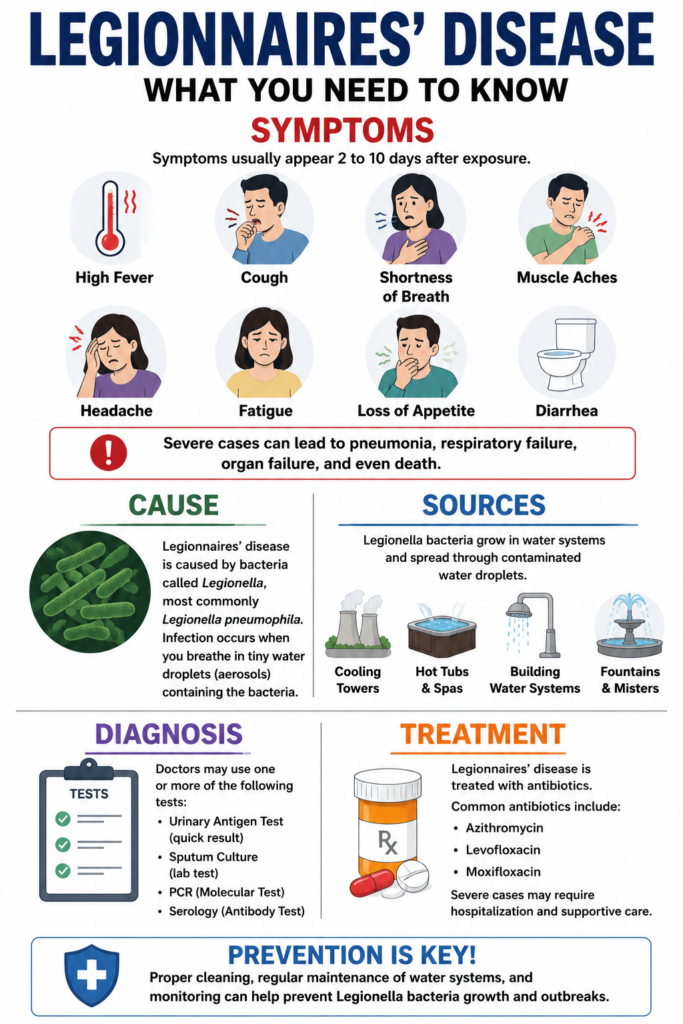 Infographic showing the symptoms, causes, sources, diagnosis, treatment, and prevention of Legionnaires' disease. It highlights common symptoms such as high fever, cough, shortness of breath, headache, muscle aches, fatigue, loss of appetite, and diarrhoea, along with infection sources including cooling towers, hot tubs, and building water systems, plus diagnostic tests, antibiotic treatment, and prevention measures.