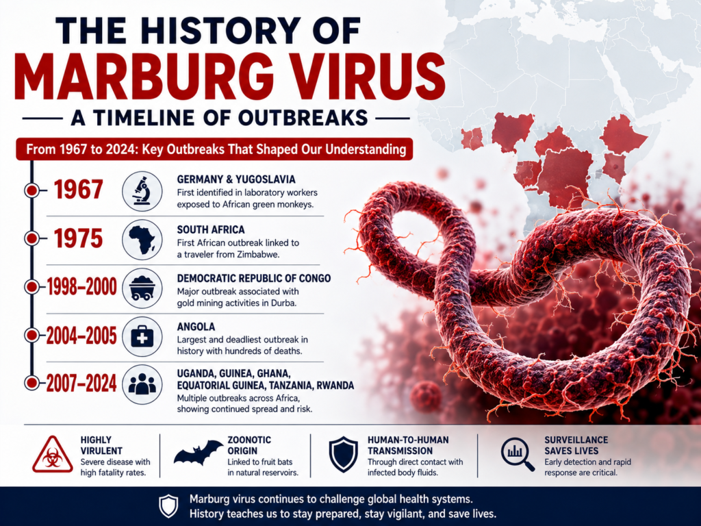Featured image showing the history of Marburg virus with a timeline of major outbreaks, a 3D Marburg virus illustration, and a map highlighting affected African countries.