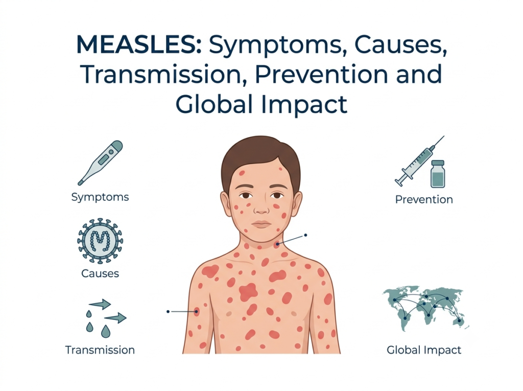 Medical infographic illustrating a person with measles rash alongside icons for symptoms, viral causes, airborne transmission, vaccine prevention, and global impact.