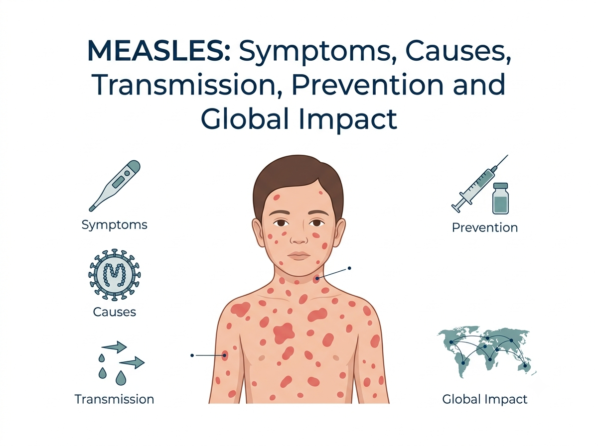 Medical infographic illustrating a person with measles rash alongside icons for symptoms, viral causes, airborne transmission, vaccine prevention, and global impact.