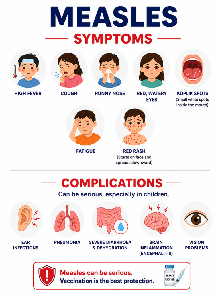 Infographic showing the symptoms and complications of measles, including fever, cough, runny nose, red watery eyes, Koplik spots, skin rash, pneumonia, ear infections, encephalitis, dehydration, and vision problems.