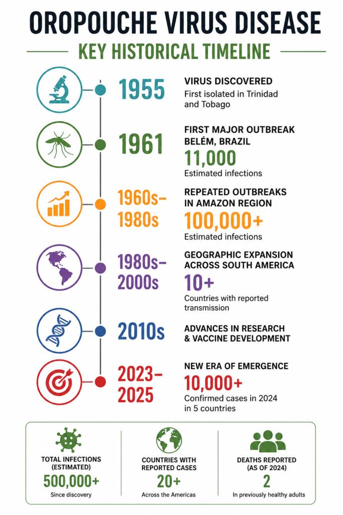 Infographic showing the historical timeline of Oropouche virus disease from 1955 to 2025, including the virus discovery in Trinidad and Tobago, the 1961 Belém outbreak with 11,000 infections, repeated Amazon outbreaks, expansion across South America, advances in vaccine research, the 2023–2025 resurgence with over 10,000 reported cases, and an estimated 500,000 total infections.
