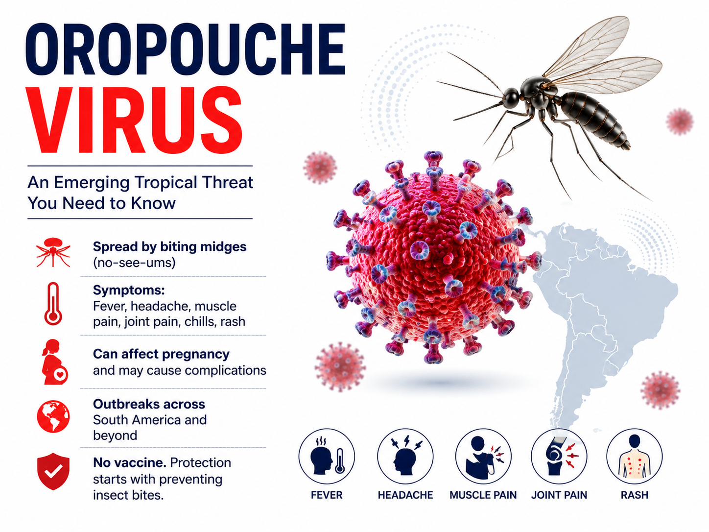 Featured illustration of Oropouche virus showing a biting midge, virus particle, South America map, and icons representing symptoms including fever, headache, muscle pain, joint pain, and skin rash on a clean white background.