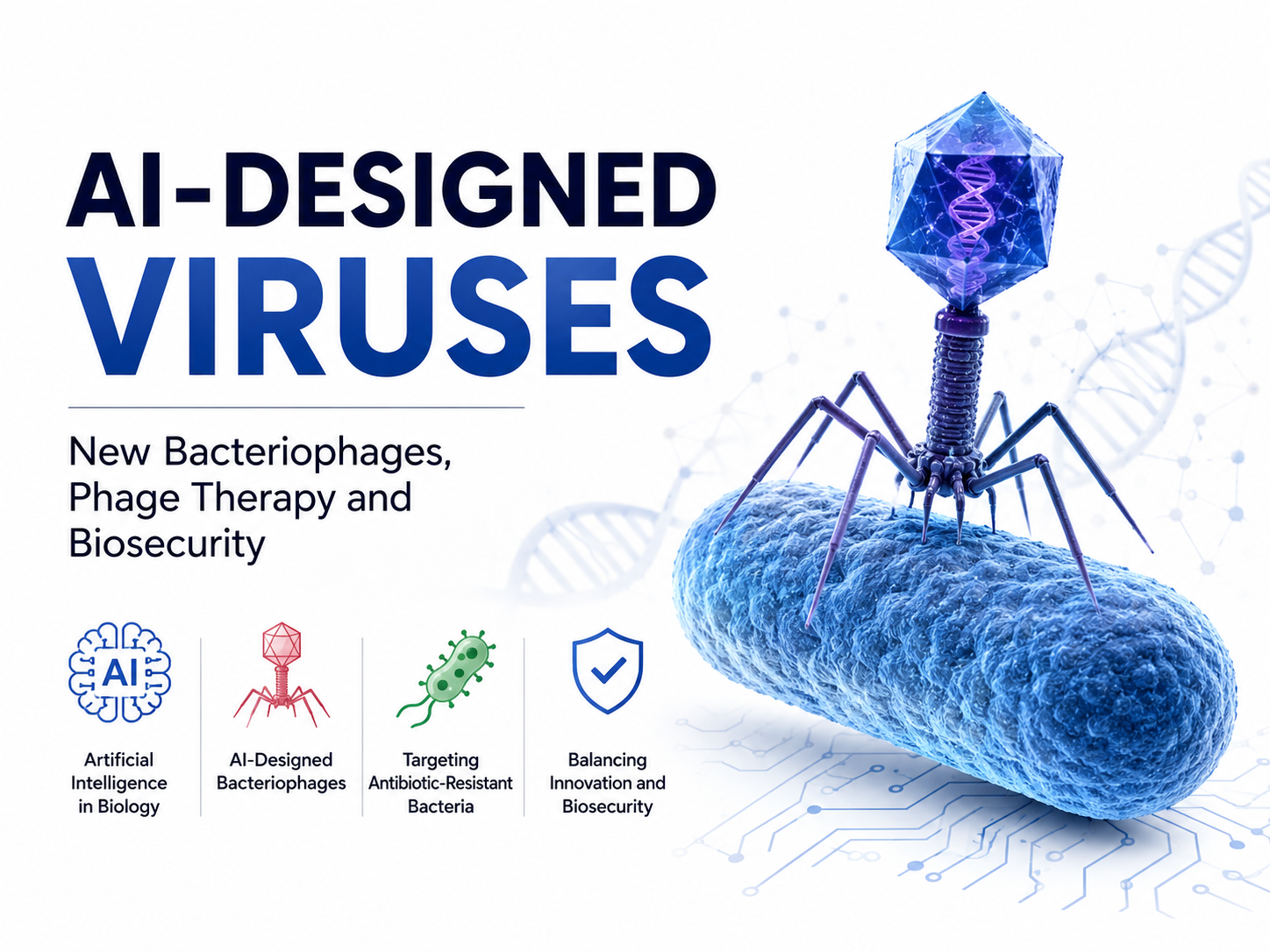 AI-designed viruses targeting a bacterium, representing phage therapy, antibiotic resistance and biosecurity