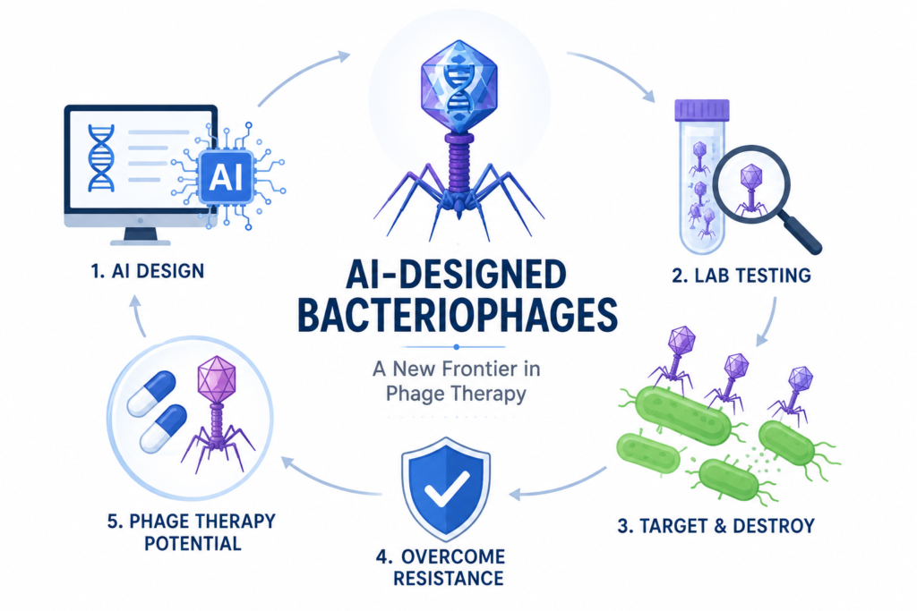 AI-designed viruses and bacteriophages: an illustration showing artificial intelligence, phage therapy, antibiotic-resistant bacteria and biosecurity in modern biological research.