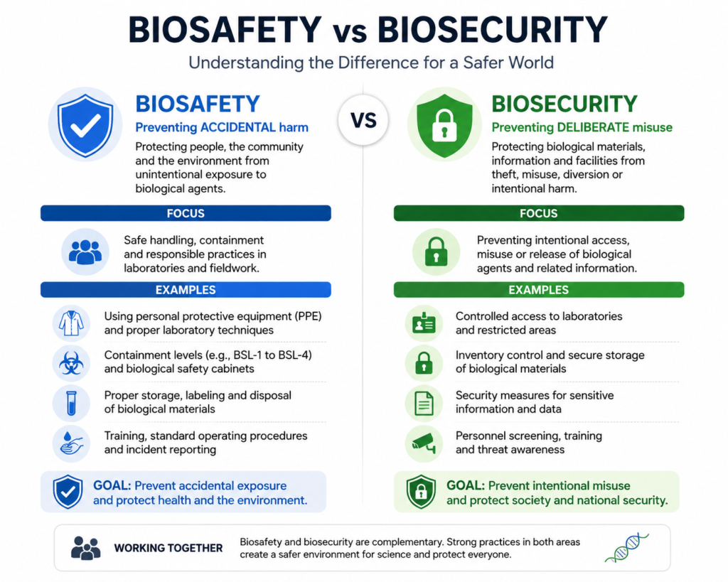 Biosafety vs biosecurity infographic comparing accidental exposure prevention with protection against deliberate biological misuse