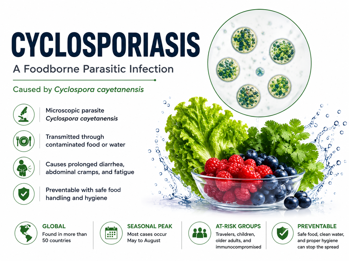 Cyclosporiasis infographic showing Cyclospora cayetanensis, contaminated food and water transmission, symptoms and prevention