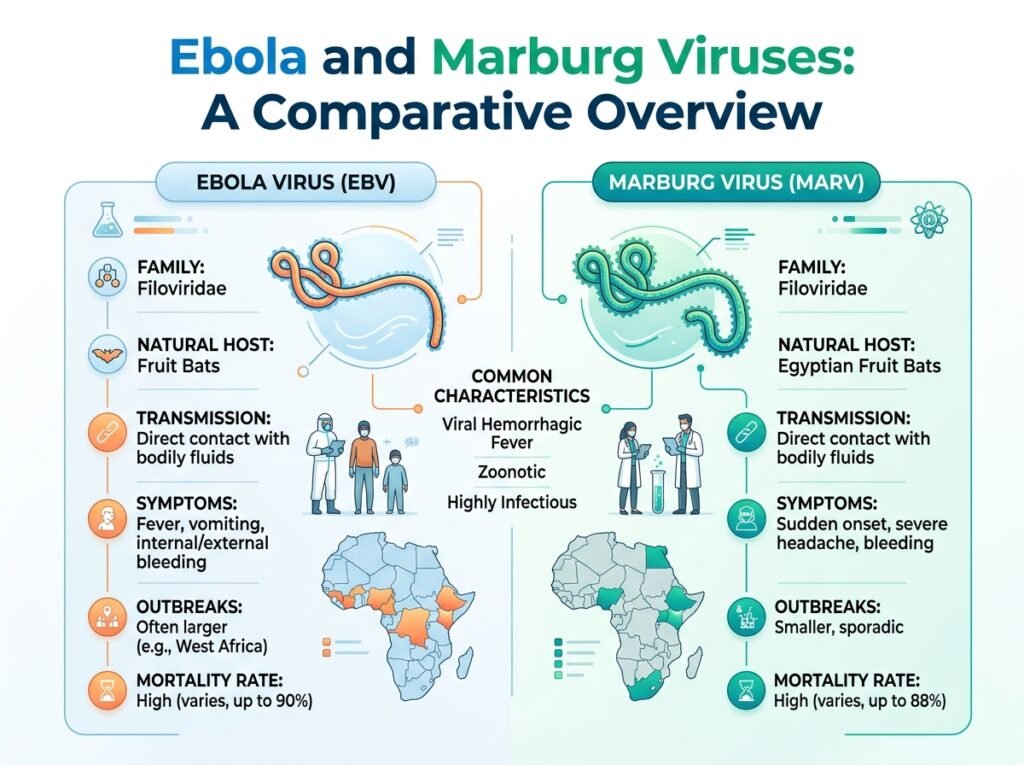 Side-by-side comparative visual overview of Ebola and Marburg viruses detailing host reservoirs, transmission methods, and key characteristics on a clean white background.