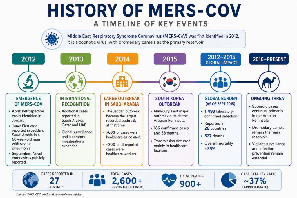 Timeline infographic of Middle East Respiratory Syndrome (MERS) history showing its discovery in 2012, outbreaks in Saudi Arabia and South Korea, global case statistics, and ongoing surveillance.