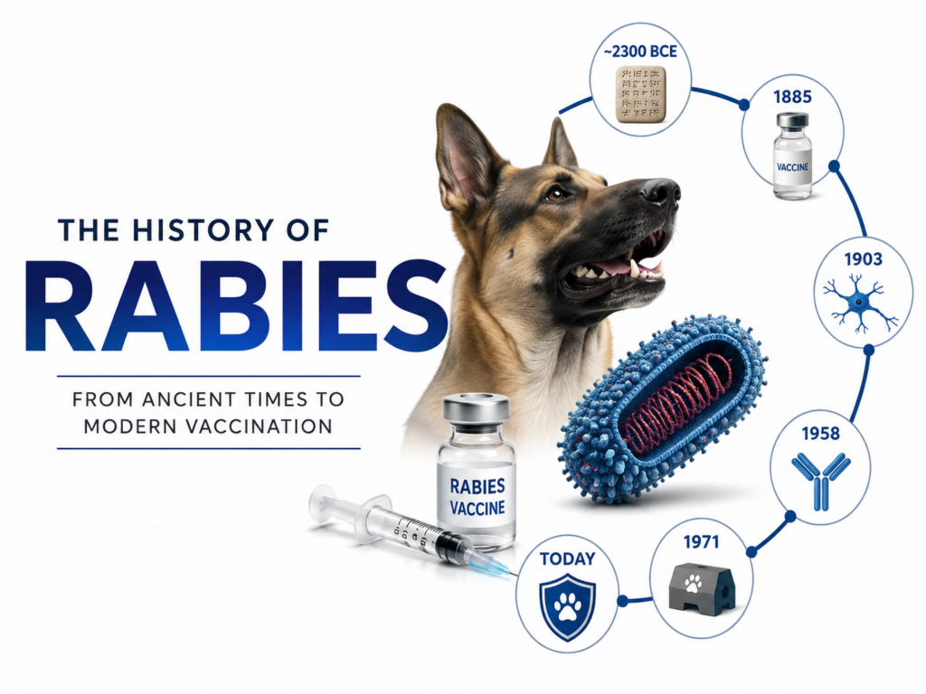 Illustration of the history of rabies featuring a dog, rabies virus, vaccine and timeline of major milestones.
