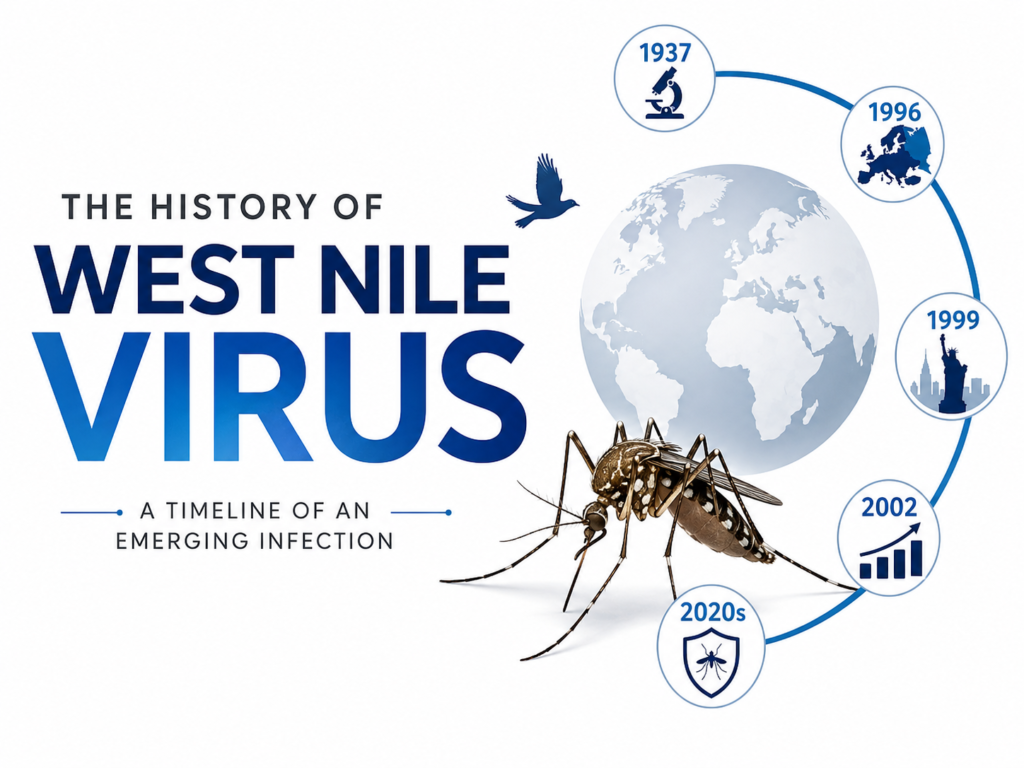 Illustration showing the history of West Nile virus with a mosquito, globe, bird and timeline from 1937 to the 2020s.