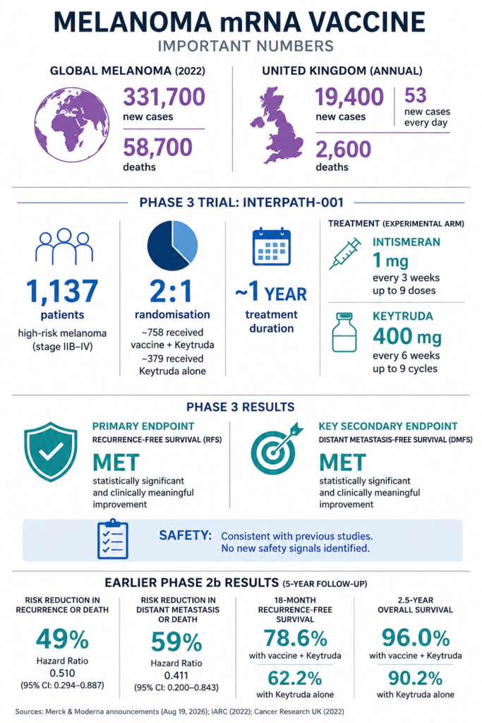Infographic showing key numbers for Moderna and Merck’s personalised mRNA melanoma vaccine, including 1,137 Phase 3 patients, 2:1 randomisation, recurrence-free and distant metastasis-free survival endpoints, and earlier Phase 2b risk reductions of 49% and 59%.
