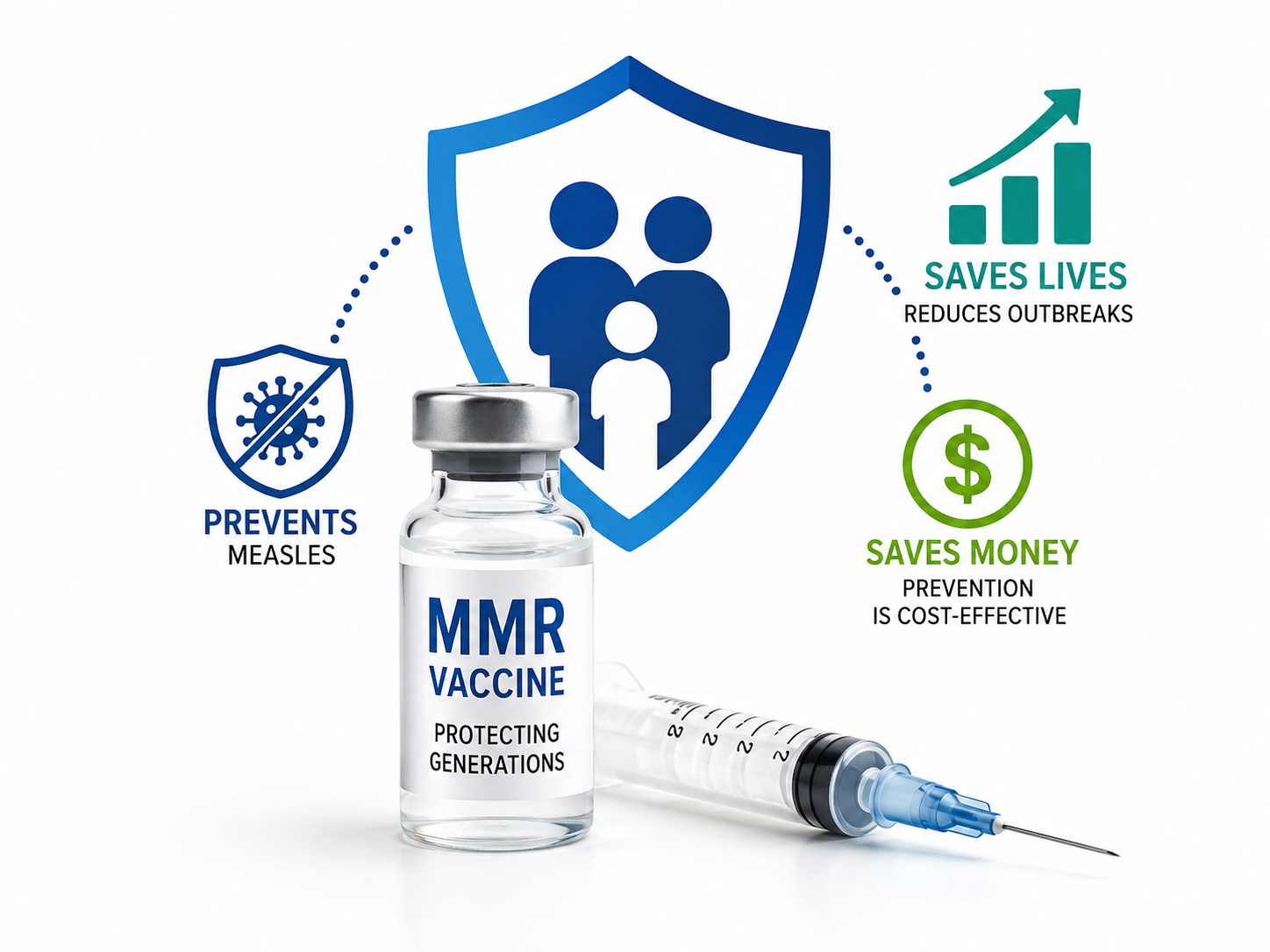 MMR vaccine vial and syringe with symbols representing measles prevention, lives saved and the economic value of vaccination.
