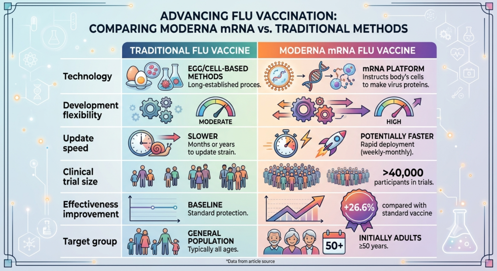 Infographic comparing traditional egg-based flu shots and Moderna's first mRNA flu vaccine across technology, update speed, trial size, and efficacy.
