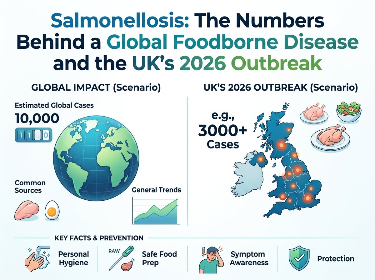 Vector graphic titled 'Salmonellosis: The Numbers Behind a Global Foodborne Disease and the UK's 2026 Outbreak' featuring a globe, a UK map with highlighted outbreak regions, and icons illustrating food safety and hygiene steps.