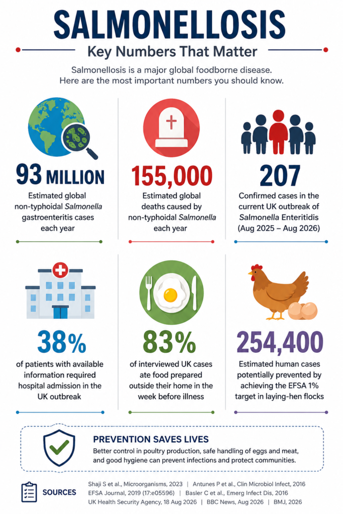 Infographic showing six key salmonellosis statistics: 93 million estimated global non-typhoidal Salmonella gastroenteritis cases annually, 155,000 estimated global deaths, 207 confirmed UK outbreak cases, 38% hospitalisation among UK outbreak patients, 83% of interviewed cases reporting food prepared outside the home, and 254,400 potentially preventable cases through improved Salmonella control in laying-hen flocks.