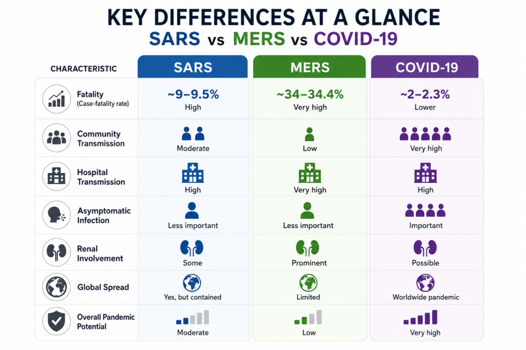 SARS, MERS and COVID-19 comparison table showing key differences between the three coronavirus diseases