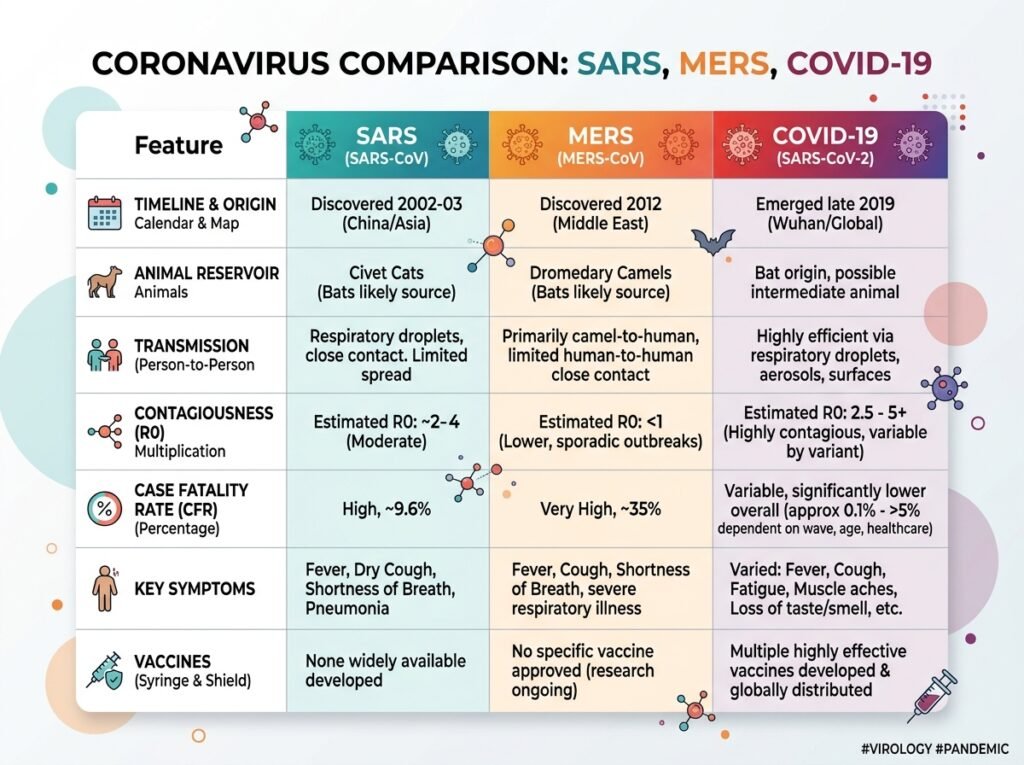 Comparison table showing key differences between SARS, MERS, and COVID-19 regarding origins, transmission, fatality rates, symptoms, and vaccines.