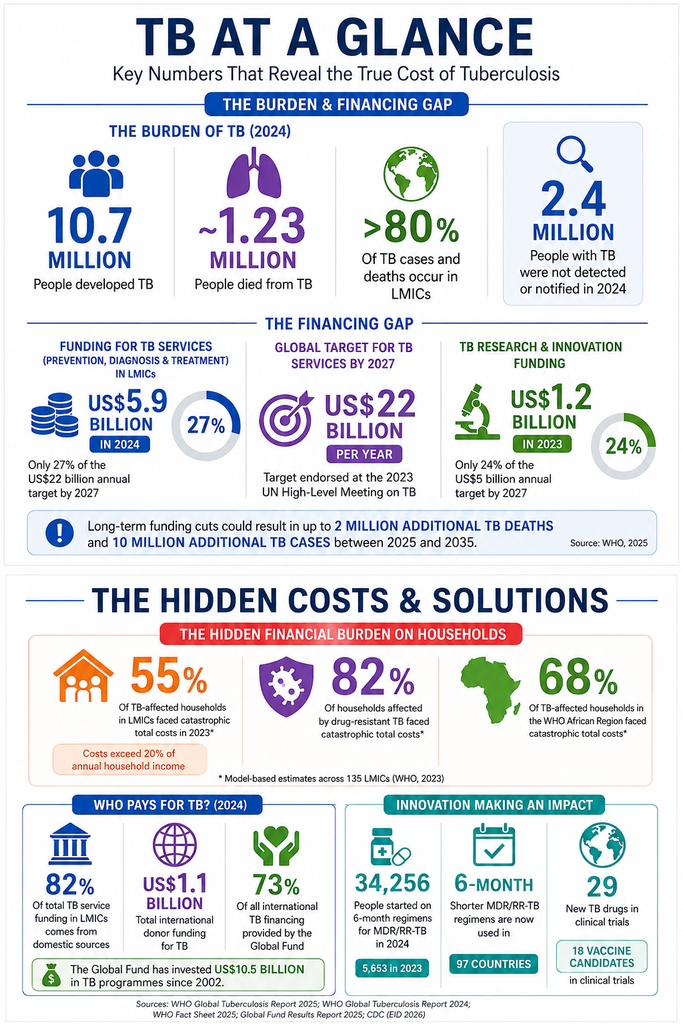 Two-panel infographic on a white background showing TB financing statistics: 10.7 million TB cases, 1.23 million deaths, US$5.9 billion TB funding versus a US$22 billion target, 55% of households facing catastrophic costs, 82% among drug-resistant TB cases, and innovations in shorter treatment regimens.