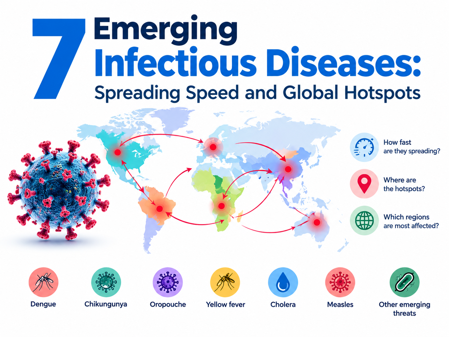 Seven emerging infectious diseases and their global hotspots shown on a world map.