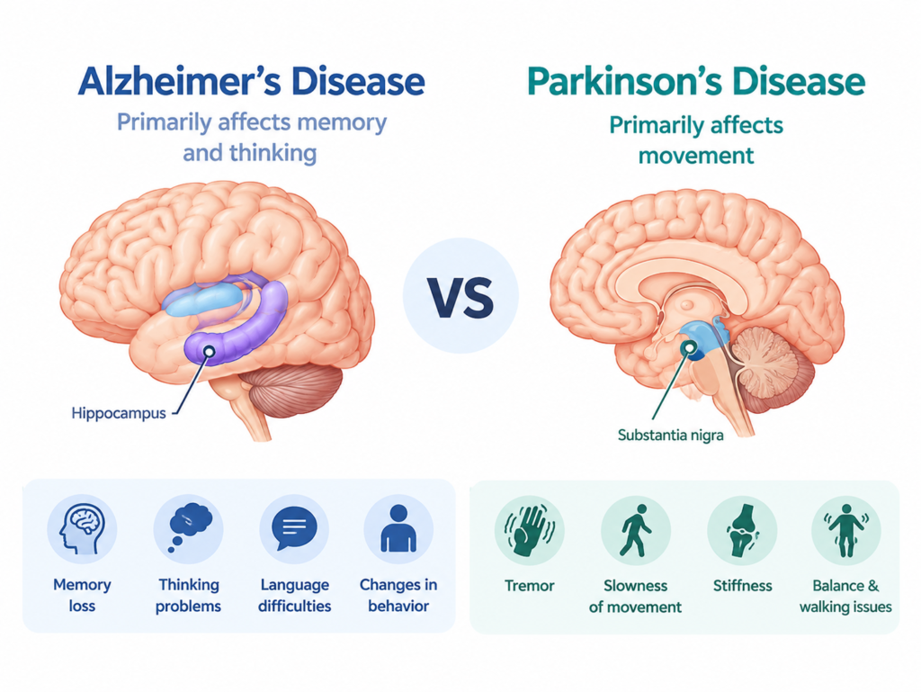 Infographic comparing Alzheimer’s and Parkinson’s disease, showing memory and thinking problems in Alzheimer’s and tremor, slowness, stiffness, and balance problems in Parkinson’s.