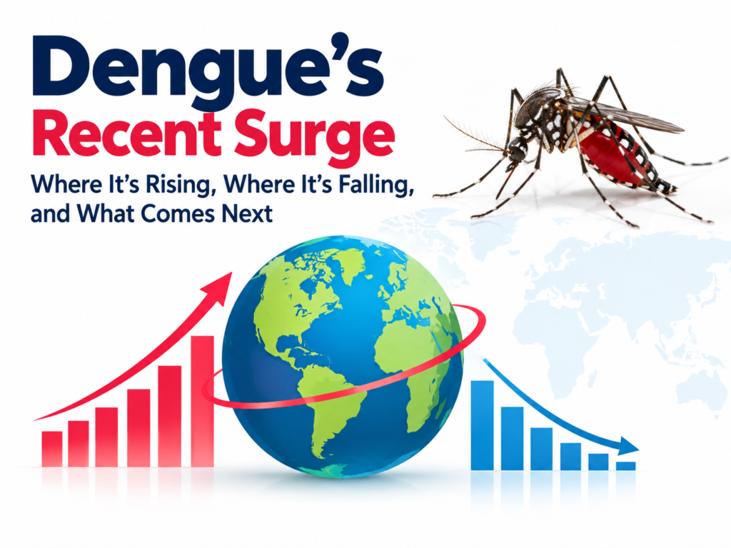 Dengue’s recent surge shown with an Aedes mosquito, globe, and rising and falling case trends