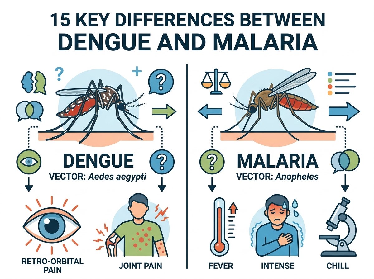 Dengue vs malaria comparison showing key differences between the two mosquito-borne diseases