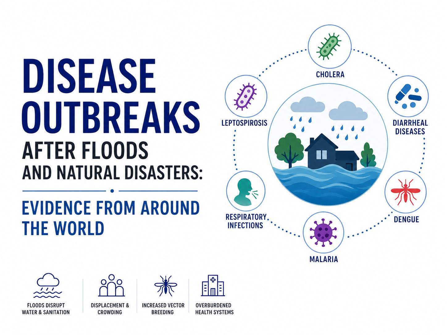 Disease outbreaks after floods showing floodwater and major infectious diseases including cholera, leptospirosis, dengue and malaria.