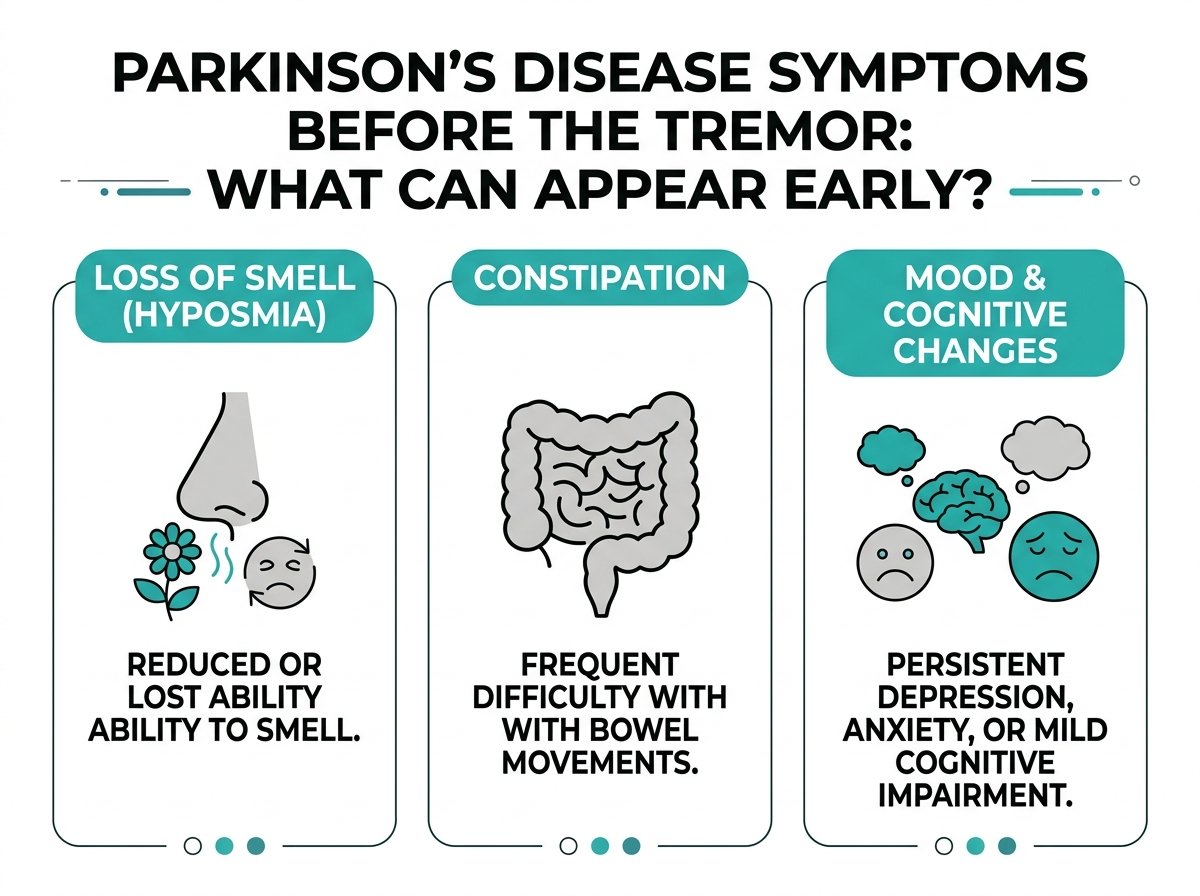 Featured infographic titled "Parkinson's Disease Symptoms Before the Tremor" showing three teal columns for loss of smell, constipation, and mood changes with simple line icons.