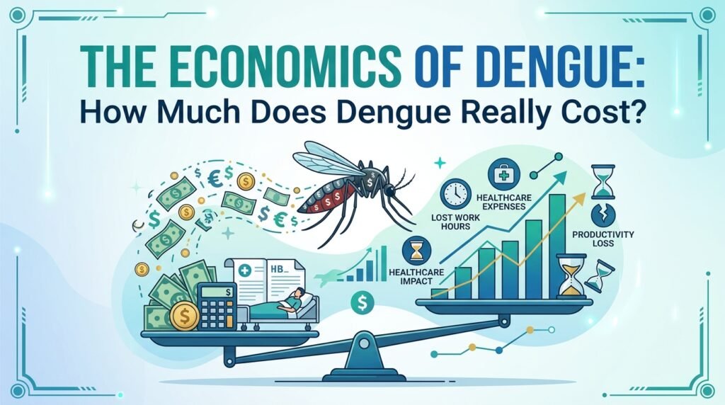 An infographic banner titled "The Economics of Dengue" featuring a mosquito and a balance scale weighing money and medical bills against healthcare impact, lost work hours, and productivity loss graphs.