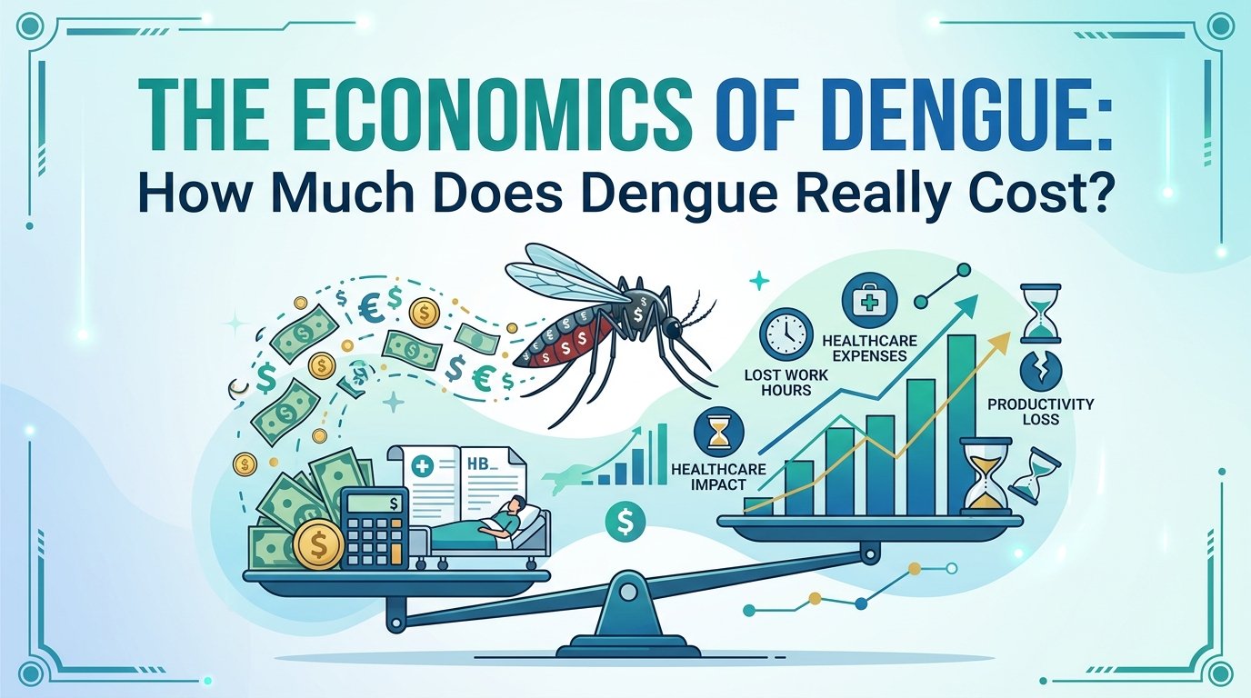 An infographic banner titled "The Economics of Dengue" featuring a mosquito and a balance scale weighing money and medical bills against healthcare impact, lost work hours, and productivity loss graphs.