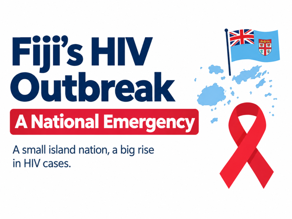 Fiji’s HIV outbreak declared a national emergency, with Fiji map, flag and red HIV awareness ribbon on a white background.